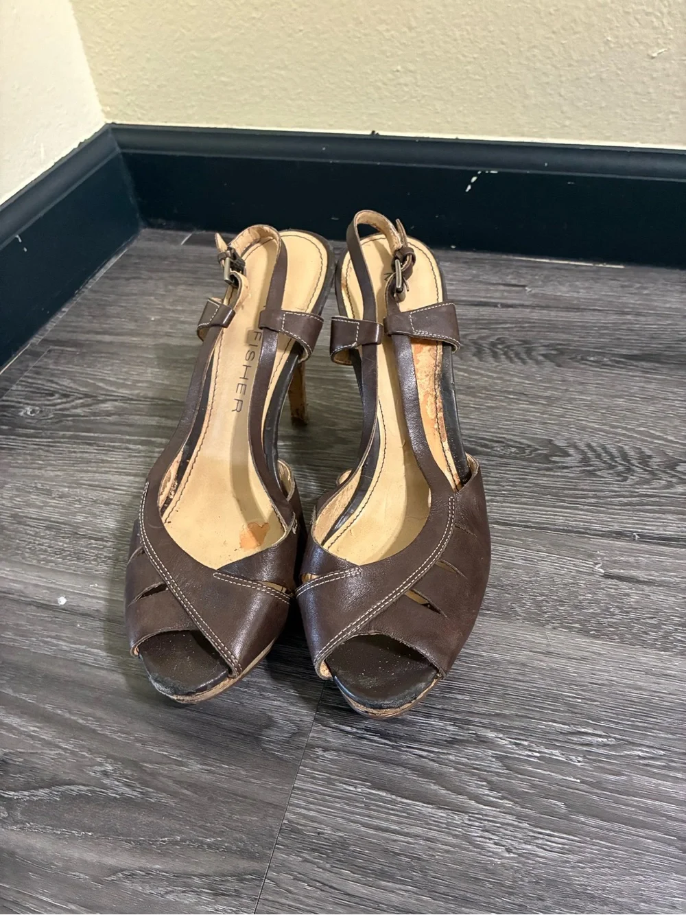 Marc Fisher Brown Leather Peep-Toe Slingback Wedges with Cork Heel